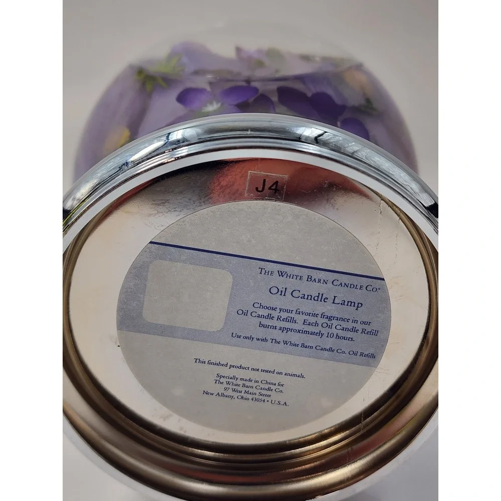 White Barn Candle Co Oil Candle Lamp Purple Floral Botanical Glass Silver Lid
